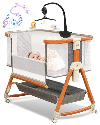 3 in 1 Bassinet,Baby Bassinets Bedside Sleeper with Musical Toy,Adjustable Height Bedside Bassinet for Baby with Wheels and Storage Basket,4-Sided Mesh Bedside Crib for Newborn 0-6 Months (Grey)