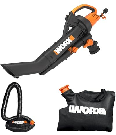 WORX TRIVAC 3-in-1 Electric Leaf Blower for Lawn Care, Leaf Shredder and Leaf Vacuum with Bag, 350CFM and 210mph, Leaf Shredder with Metal Impeller, Bag