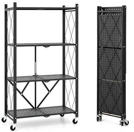 GIANTEX Vikbar förvaringshylla med 4 nivåer på hjul, anti-tipp-kit, robust metallförvaringshylla, hylla för utställning, kök, vardagsrum, garage, källare, svart