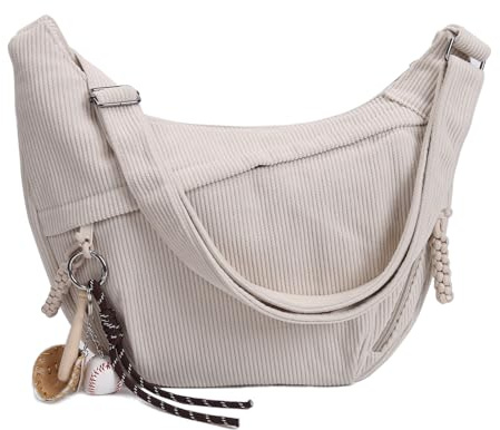 GSenhui Crossbody Bag Cord Umhängetasche Moon Bag Damen Halbmond Schultertasche mit Casual Widgets Bauchtasche Kord Groß Handtasche Beige für Reisen,Arbeit,Alltag, Pana Beige