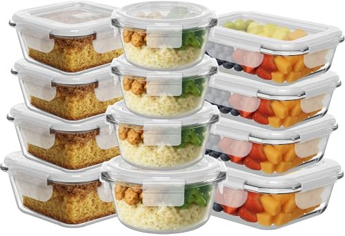ZENO Glass Containers with Lids 12 Pack | Meal Prep Containers | Glass Food Container with Lid, Airtight Seal, Leakproof Lid | Dishwasher Safe | Freezer & Microwave Safe | Food Grade Material