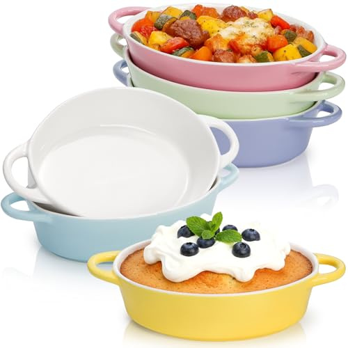 Foraineam 6 Pack 20 oz Oval Au Gratin Baking Dishes with Handles, Porcelain Casserole Dish Single Serving Ramekins for Oven & Microwave Cooking and Baking, 7.2 x 5.5, Oven Safe Roasting Lasagna Pan
