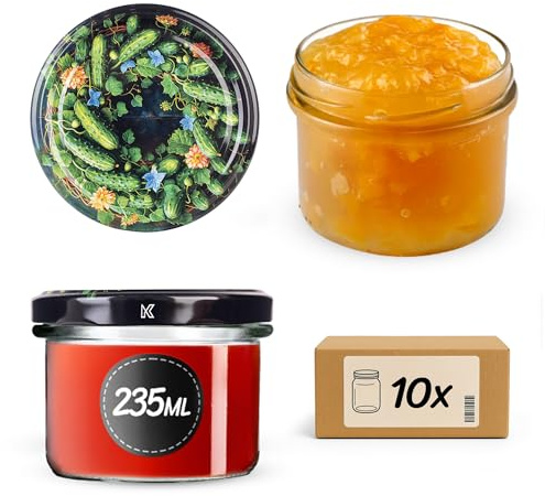 KADAX Tarros de conservas de 235 ml con tapa de rosca fi82 mm, pequeños tarros de mermelada con tapa, tarros de rosca para mermelada y miel, tarros de cristal (pepinos verdes, 10 unidades)