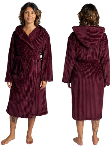 OHS Ribbed Fleece Dressing Gowns Womens, Gifts for Women Men Bathrobe with Hood & Pockets Soft Warm Comfy Luxury Oversized Fluffy Mens Dressing Gowns, Maroon One Size