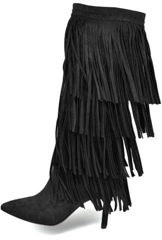 IF Stivali alti con 3 strati di frange in stile western a punta e tacco a spillo camoscio sintetico GA049 Nero N.40