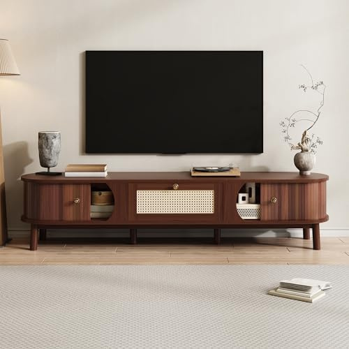 BTM TV Cabinet – TV stand with solid natural wood doors and rattan drawers. Natural storage solutions for a rustic atmosphere, Walnut