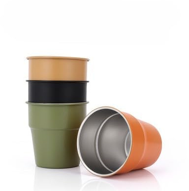 FITIRE Pack de 4 Vasos de Acero Inoxidable 300 ml con bolsa de transporte Tazas Metálicas Resistentes, Ligeras y Apilables Aptas para Bebidas Frías y Calientes Ideal para Camping, Viaje y Uso Diario