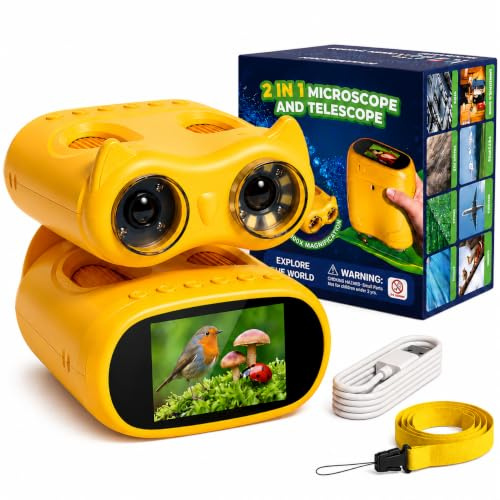 Microscope numérique 2 en 1 pour Enfants et Jumelles pour Enfants, Microscope de Poche IPS HD 2,0, télescope grossissant 10x avec 8 LED 1080P, Jouet d'extérieur Naturel pour Filles et garçons, Jaune