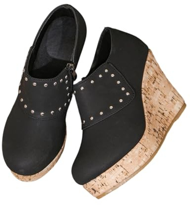 Qgtxf Piattaforma Stivali per Donna Cuoio PU Stivali Cuneo Rivet Casual Piede Rotondo Cerniera Scarpe con Tacco da 4 Pollici(Black,39 EU)