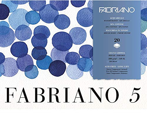 Honsell 19100263 Fabriano 5 - Cartoncino per acquerelli, bianco naturale, grana grossa, 300 g/m², 26 x 36 cm, 20 fogli, blocco 4 incollato su entrambi i lati, senza cloro e acidi