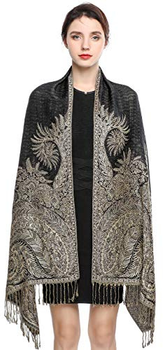 EASE LEAP Sciarpa Pashmina per donna scialle avvolgente caldo di lusso con sensazione di seta Hijab Paisley in colori ricchi con frange 200 * 70cm/(Nero)