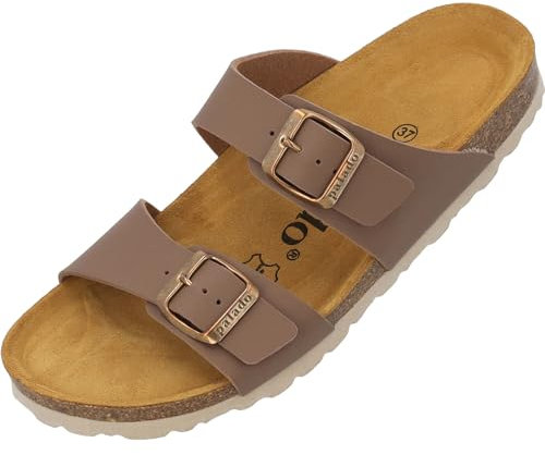 Palado Pantoletten Damen Samos - elegante Sandalen Made in Spain - bequeme Hausschuhe mit dämpfendem Kork-Fußbett - modische Sommerschuhe Matt Taupe UK3,5 - EU36