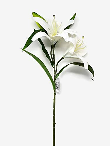 2 Head Real Touch Artificial Lily Flower Stem x 64cm Tall - Pink or White (White)