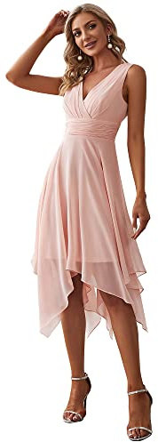 Ever-Pretty Robe de Cocktail Longue Femme Asymétrique Col en V en Mousseline de Soie Plissé Classique Rose 38