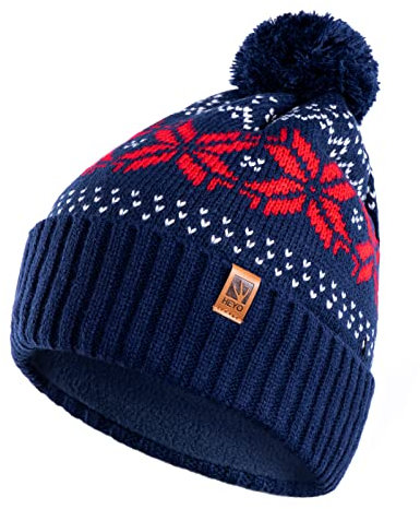 HEYO Mütze Damen Herren Norweger Mütze Bommelmütze Unisex Wintermütze Dick Gefüttert Warm (Dunkelblau)