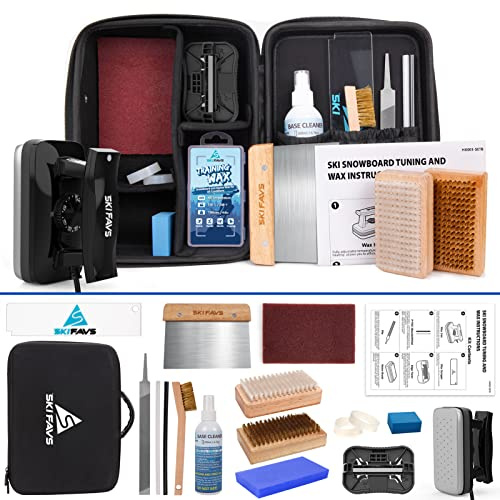 Skifavs Ski Snowboard Tuning and Waxing Kit with Wax Iron, All Temperature Wax, Edge Tuner, Brush, Wax Remover, Wax Scraper, Metal Scrape, P-tex, Tuning Stone, Ski & Snowboard Tuning Equipment