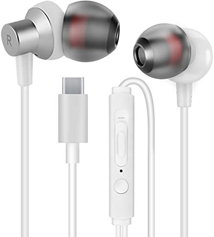 MAS CARNEY Auriculares con Cable USB C TI3, Cascos Internos con Microfono para Samsung, Huawei, OPPO, Honor, Google Pixel y Otros Teléfonos Inteligentes con Interfaz Tipo C- Blanco