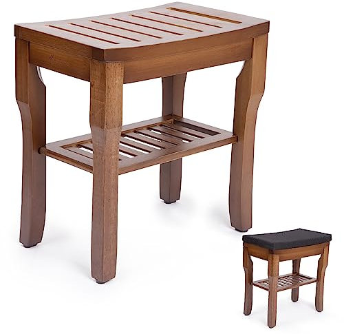 StrongTek Bamboo Shower Bench Seat with Cushion, Shower Stool with Storage Shelf, Lightweight, Non-Slip, Quick-Drain Design, 350 lbs Capacity, Ideal for Bathroom, Spa, Sauna, Living Room