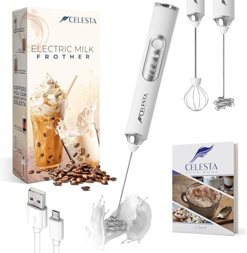 Celesta Espumador de leche electrico de mano - Batidora leche espuma recargable USB - 2 Varillas Acero Inoxidable + cable USB, espumador y batidor de huevos