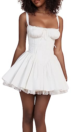 MIEAHORY, Mini abito a trapezio da donna, elasticizzato, svasato, con corsetto in stile canotta senza maniche, con scollo quadrato e finiture in pizzo, bianco, S