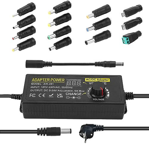 120W Universal Einstellbares Netzteil Adapter 100V-240V AC to DC 3V-24V 5A Konverter Netzteil, Einstellbarer Netzadapter mit 14 Tipps & Polaritätskabel-5A Max