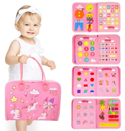 Lectorias Busy Board per Bambini, Pannello Sensoriale Montessori, Tavola Abilità Base, Giochi 1 2 3 Anni con Cerniere Lacci Bottoni - Regalo di Natale Rosa
