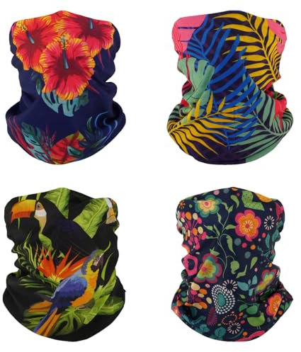 SMEHCF 4 Multipurpose Bandanas for Women Men Headband Balaclava Hair Head Scarf Face Half Airsoft Paintball Mask Neck Gaiters Breathable Reusable Washable Hibiscus Parrot Monstera Drawing