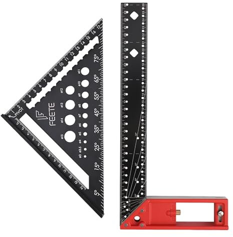 FEETE Juego de ángulos de carpintero,regla triangular de 180mm+transportador de ángulos de 300mm,regla angular multifuncional de aluminio de 45 y 90 grados para bricolaje, carpintería (Negro) L Rafter