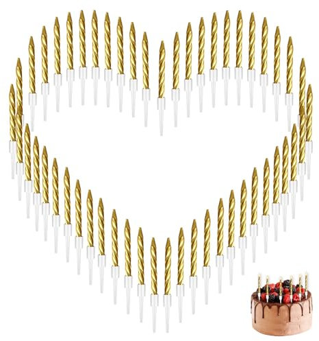 Pack de 50 Vela de Cumpleaños Dorado, Velas de Pastel Doradas en Espiral Elegantes y Sofisticadas para Decoración de Tartas, Fiestas de Aniversario y Bodas, Seguras y No Tóxicas, con Base Firme