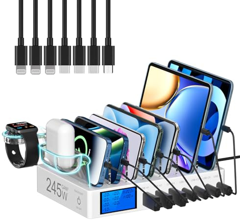 Rsydmny Stazione di Ricarica da 245W, 7 Porte Dispositivi Multipla USB, con schermo LCD Stazione Ricarica Cellulari per iPhone, Tablet e Altri Dispositivi Elettronici - bianco（Con 7 Cavi）