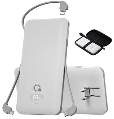 Brand Q 10000mAh Portable Charger with Built-in Cables and AC Wall Plug, USB C Fast Charging Power Bank with 3 Cords,5 Output External Battery Pack Compatible with iPhone,Tablet and All Smart Phones