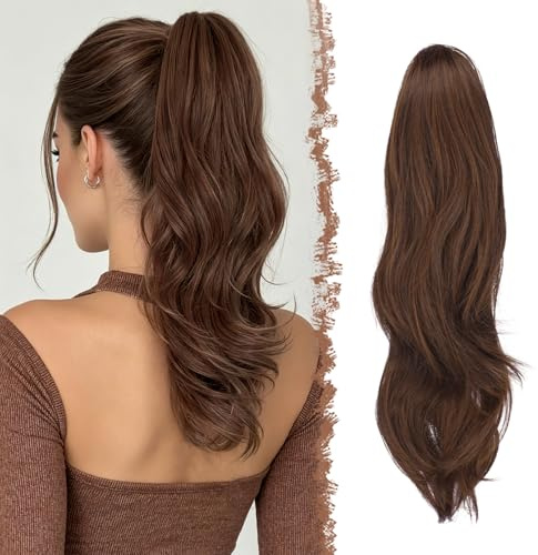 FESHFEN Zopf Pferdeschwanz mit Kordelzug, Natürlich Wellig Layered Haarteil Synthetik Dunkelbraun und Rotbraun Haarverlängerung Clip in Ponytail Haarextension Haarzopf für Damen, 50cm