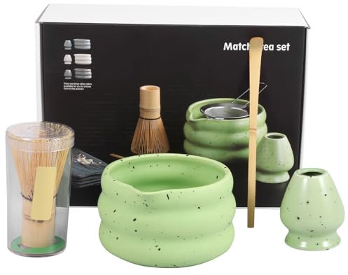 4 Stück Matcha Schale Set, mit Mat-cha Bowl, Matchabesen, Mat-cha Tasse, Matcha-Teelöffel, Matcha Set Geschenkboxverpackung Perfekt für Japanische -Teezeremonie(Grün)