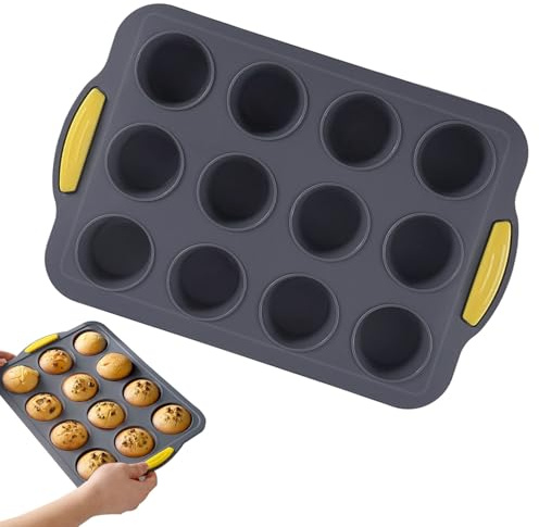 Moule a Muffin Silicone pour 12 Muffins, Petit Trou de 6.5 cm de Diamètre, Plaque à Pâtisserie Antiadhésive, Résistante à la Chaleur, pour les Muffins, les Biscuits et le Pain (Gris)
