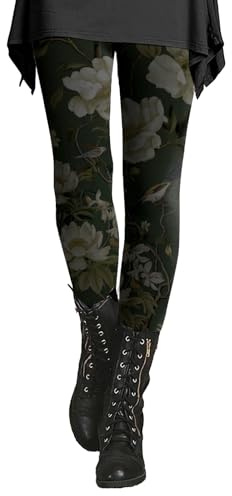 IQYU Leggings Damen Baumwolle, Yogahose Damen Lang Damen-Leggings Stretch Laufhose Damenhose Gemusterte Jogginghose Slim Fit Trainingshose Blumen Druck Trainingshose Bequeme Sweatpant Schmal