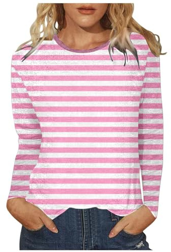 Camiseta de manga larga para mujer, blusa de manga larga a rayas, camiseta informal para mujer, blusa cómoda y elegante, Rosa., L