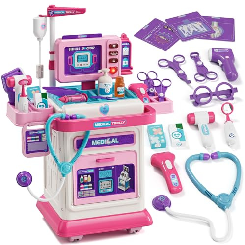 Lehoo Castle Kit Dottoressa Bambina, Carrello Medico Giocattolo, Valigetta Dottore Bambini, Kit Dottore Bambino, Regalo Bambina 3 Anni(Rosa)