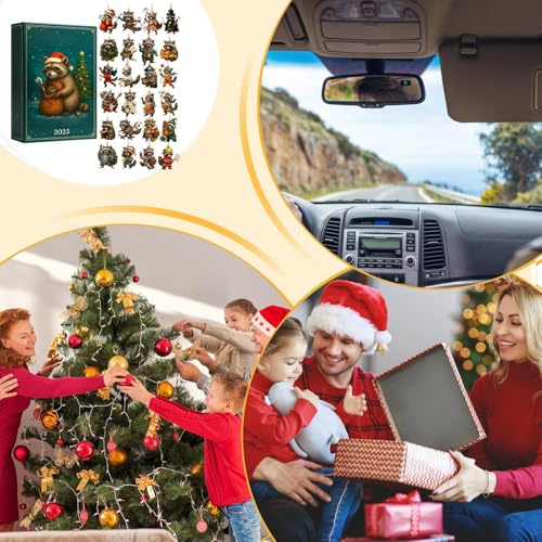 Juladventskalender tvättbjörn, dekorativ akryl prydnad 2D 24 dagar - 2025 djur adventskalender hängande - för spegel bil väggfönster gåvor