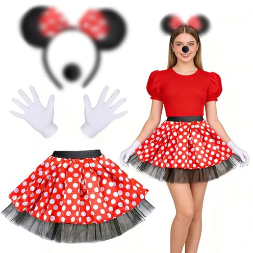 CUVZORA Costume da topo da donna, gonna a pois rossi, tutù in tulle con orecchie del mouse, guanti e naso, per carnevale, Halloween, feste a tema, cosplay