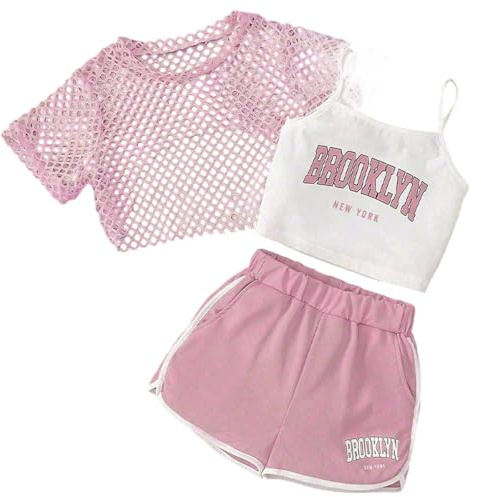 Generisch Tuta da jogging per ragazze, tuta sportiva, abbigliamento sportivo per bambini, outfit per ragazze, set di 3 pezzi, top senza maniche con stampa di lettere, maglietta a rete a maniche corte