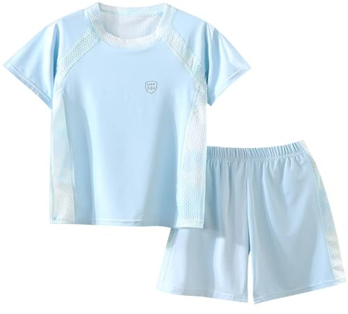 L SERVER Ensemble de Sport Fille Protection Solaire Tenue d'entraînement Léger Survêtement de Jogging Séchage Rapide T-shirt + Short, Bleu, 8-9 ans