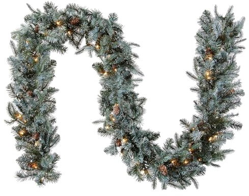 National Tree Company 9 ft Pre-Lit Arctic Spruce Artificial Christmas Garland, Christmas Decoration with Pinecones, 50 Clear Lights, 350 Tips, Green