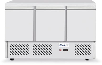 HENDI Kühltisch, Dreiturig, mit verstellbaren Regalen, passend für Gastronorm 1/1, Digitalanzeige un elektronisches Thermostat, -2 bis 8°C, 380L, 230V, 220W, 1365x700x(H)880mm, Edelstahl