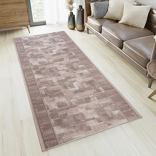 TAPISO Anti Rutsch Teppich Läufer rutschfest Brücke Meterware Modern Grau Beige Verwischt Figuren Design Flur Küche Wohnzimmer 67 x 280 cm