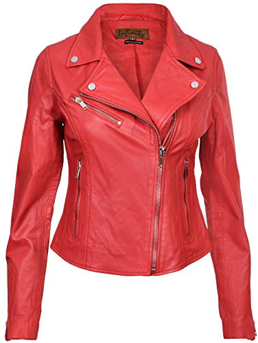Damer läderjacka klassisk biker-stil äkta läder damjacka, Röd, XL