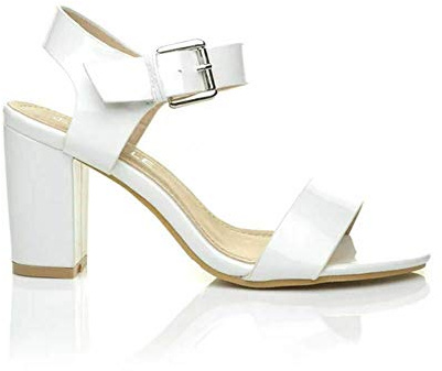 Womens Low MID Heel Block Peep Toe Ladies Ankle Strap Party Strappy Sandals Size UK 3-8 (White Patent, numeric_4)