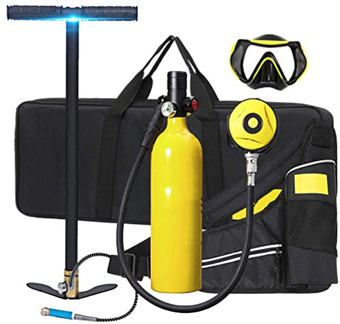Tanque de Buceo Portátil, 1L Aluminio Mini Buceo Tanque de Oxígeno Respirador Subacuático Bomba de Aire de Alta Presión Cilindro de Buceo Kit de Equipo de Buceo Snorkeling con Inflador,Amarillo,1L