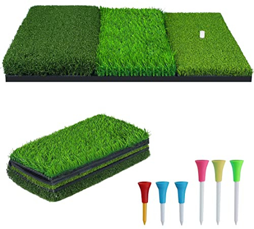 NEWCARE Golf Hitting Mat, 3-in-1 Foldable Grass Mat, Tri-Turf Practice Training Aid Batting Mat for Chipping Swing Detection Portable Accustrike Personal Driving Range for Indoor Outdoor