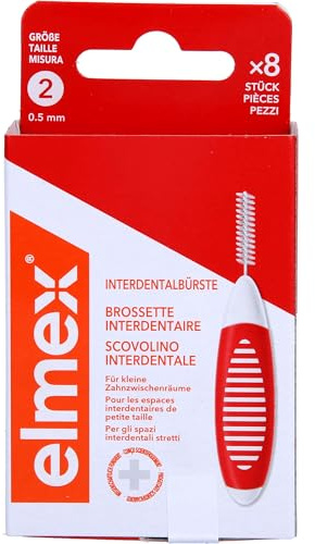 elmex Interdentalbürste rot (Größe 2, 0,50mm), 1 x 8 Stück - Interdentalbürsten für die Reinigung kleiner Zahnzwischenräume