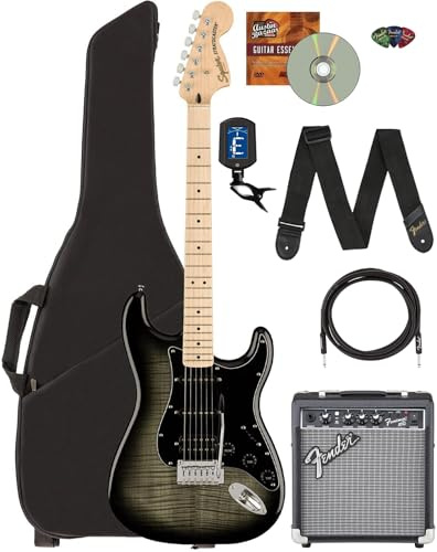 Fender Squier Affinity Stratocaster FMT HSS - Black Burst Bundle with Frontman 10G Amplifier, Gig Bag, Tuner, Instrument Cable, Strap, Picks, and Austin Bazaar Instructional DVD